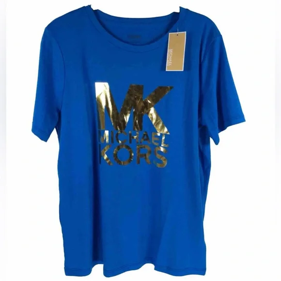 NWT MICHAEL MICHAEL KORS Gold Tone MK Logo T-Shirt MEDIUM - Picture 1 of 11